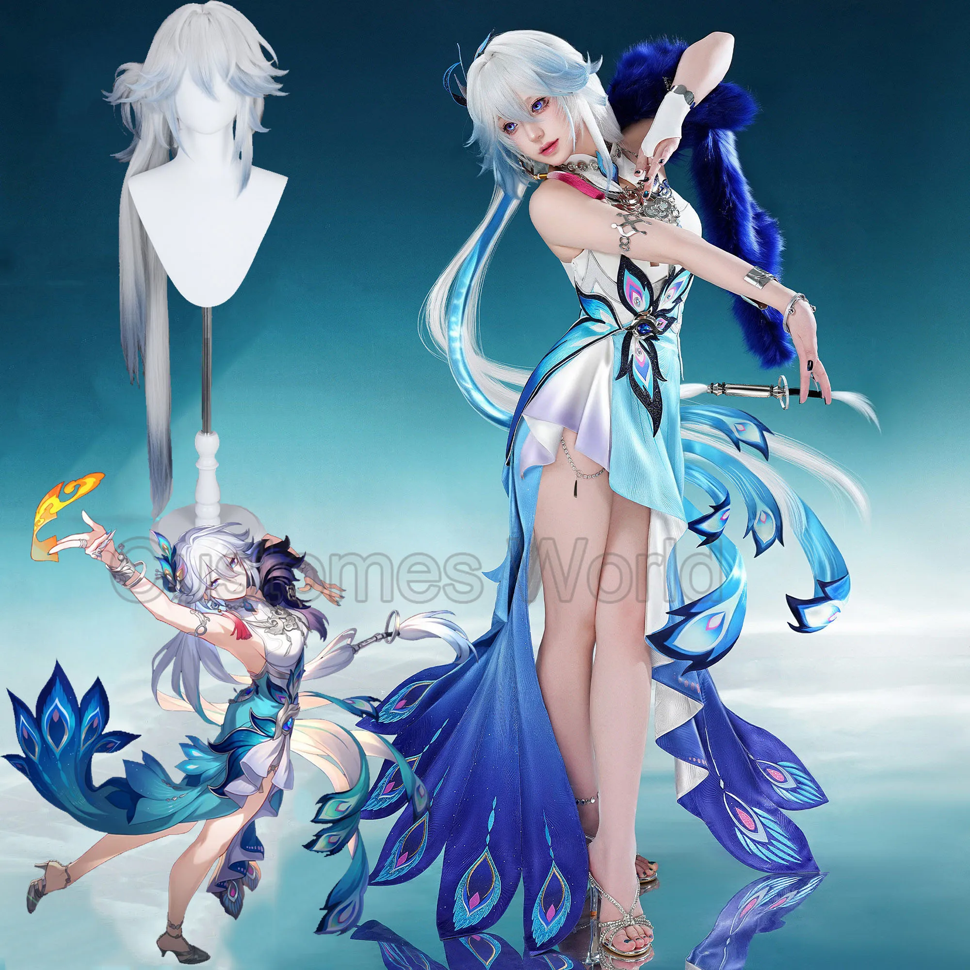 

AriThrash Cosplay Honkai：Star Rail Costume Chinese Qipao Green Gradient Dress Wigs Set Christmas Party Peacock Accessories