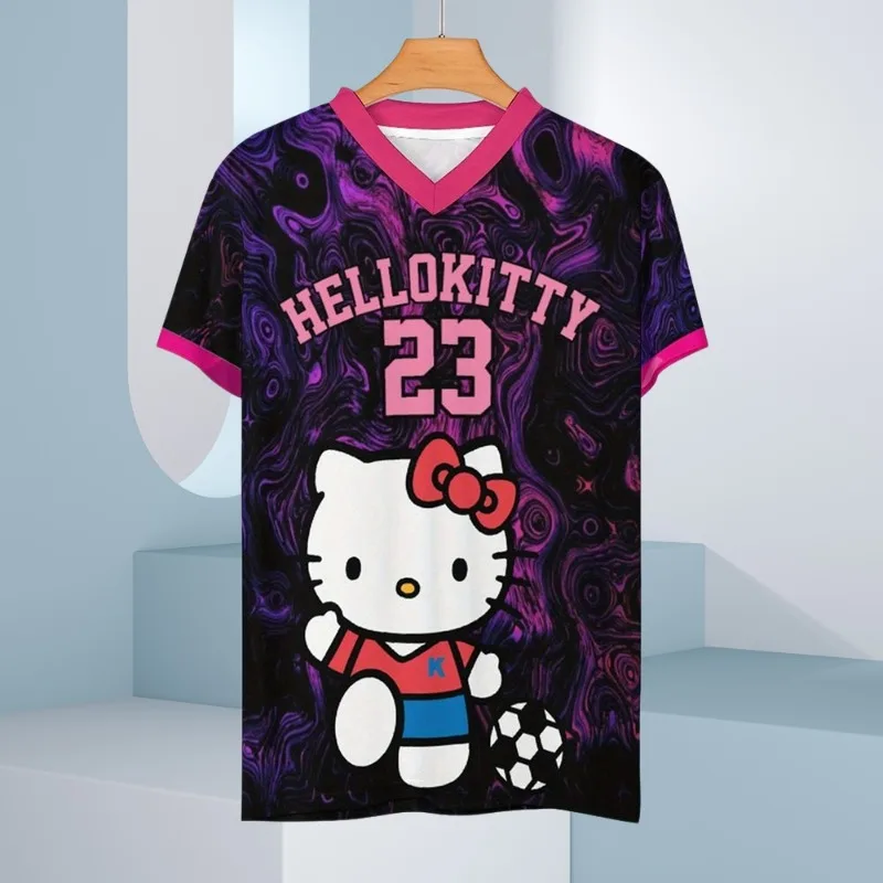 

Женская трикотажная футболка MOTO-Hello Kitty с v-образным вырезом, милый летний розовый и фиолетовый дизайн с коротким рукавом, футбольный трикотаж, спортивный трикотаж