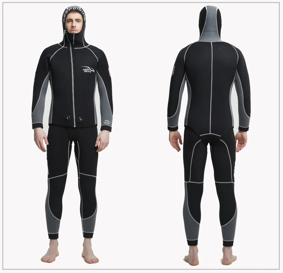 Neoprene Scuba Diving Wetsuit with Hood Zipper for Men Double Warm Professional Wet Suit Spearfishing Equipment 5mm Split Body