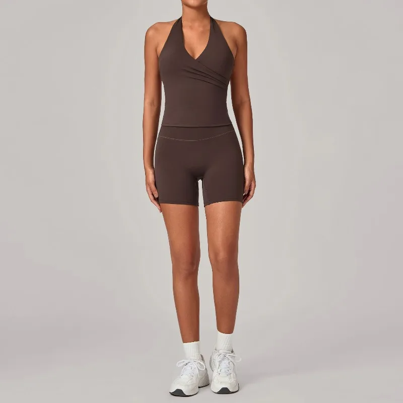 Women's Gym Workout Fitness Yoga Sets Halter Neck Tank Top V-Neck Sexy Chest Design Running Hip-Lifting Shorts Sports Suits