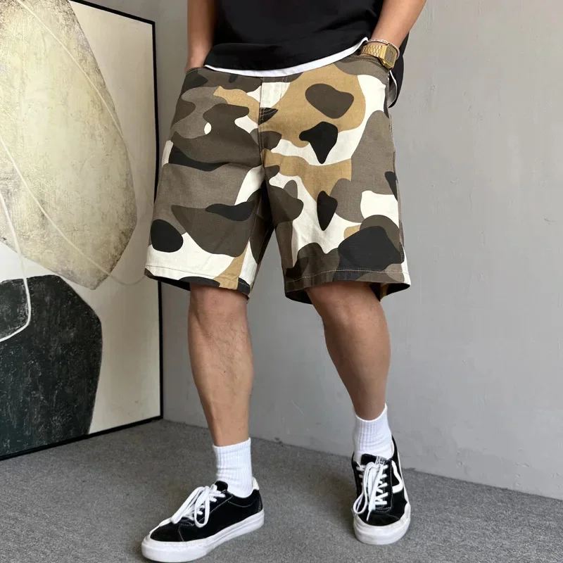 여름 캐주얼 쿨 레트로 빈티지 카모플라쥬 반바지 남성 루즈 트렌디 브랜드 하이 스트릿 와이드 레그 5부 바지