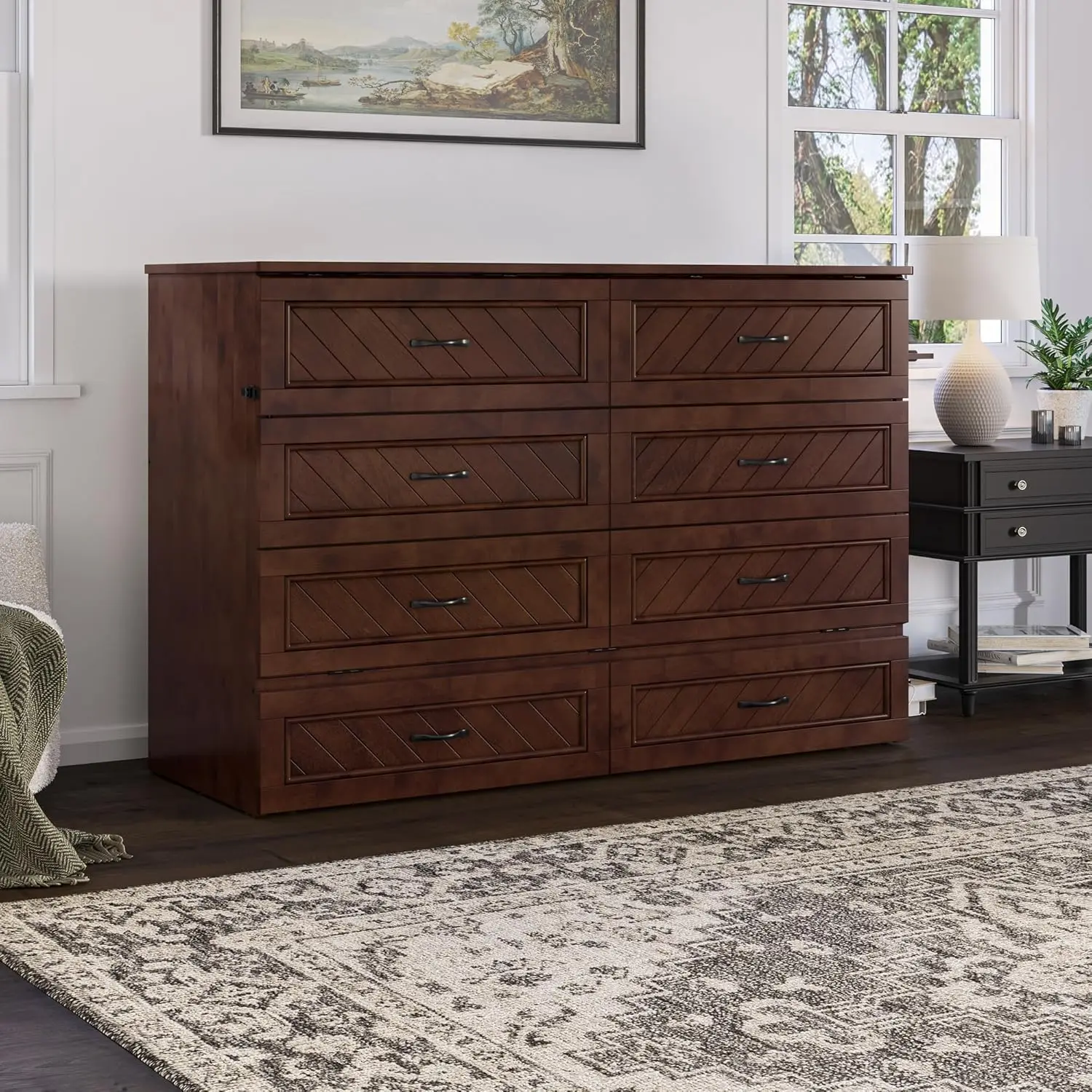 Murphy Bed Chest with Mattress, Storage Drawer, and Built-in Charging Station in Walnut  kitchen furniture