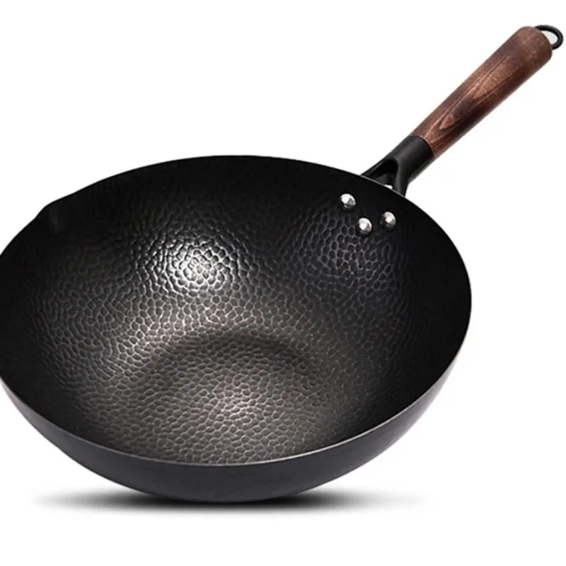 Konco Iron Wok Cast Iron Pan Non-Coated Pot General Use for Gas and Induction Cooker 32cm Chinese Wok Cookware Pan Kitchen Tools