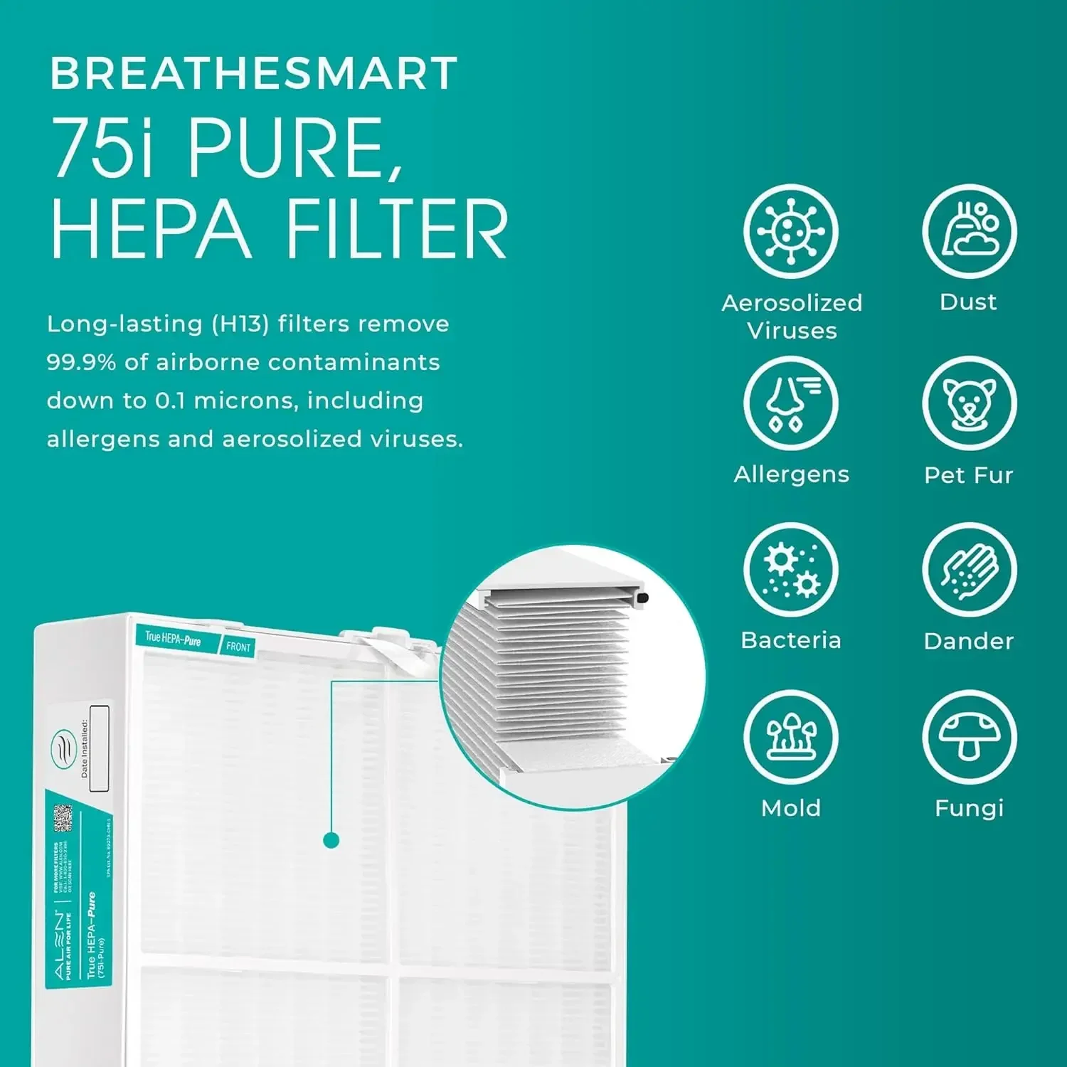 Alen Air Purifer BreatheSmart 75i HEPA w/ Pure Filter for Large Rooms up to 2600 Sq. Ft. - Perfect for Living Room & Kitchen