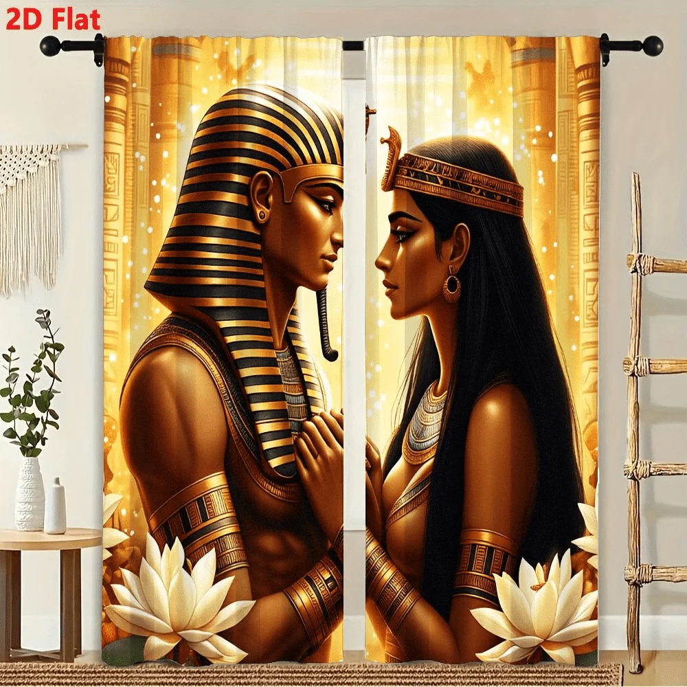 2Pcs Curtain Ancient Egypt Divine Couple In Golden Temple Window Drapes for Bedroom Living Room Decoration Window Treatment.
