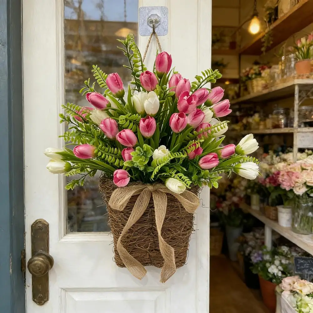 Artificial Flower Wreath Artificial Tulip Door Hanger Basket Wreath Spring Summer Floral Hanging Basket Front Door Wildflower
