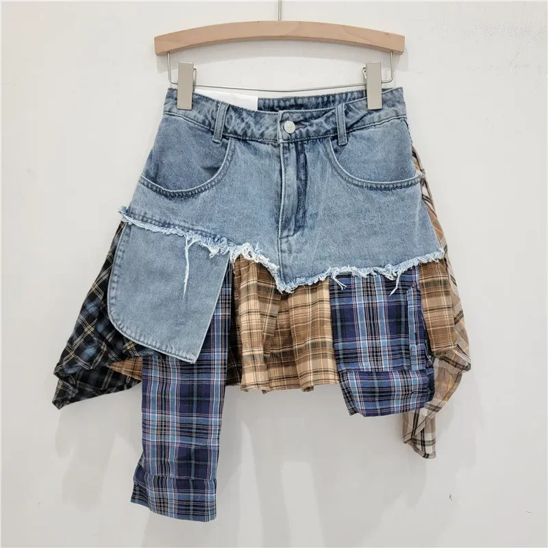 Fashion Retro Irregular Patchwork Plaid Denim Skirts Women High Waist Summer Jeans Mini Skirt Ladies Skirts Jupe Femme