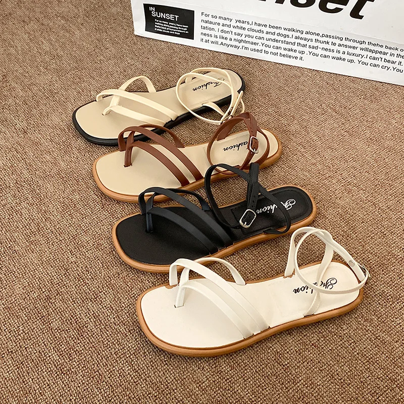 

2026 new set of toe cool slippers women's summer wear flat Roman sandals one-word toe women's shoes