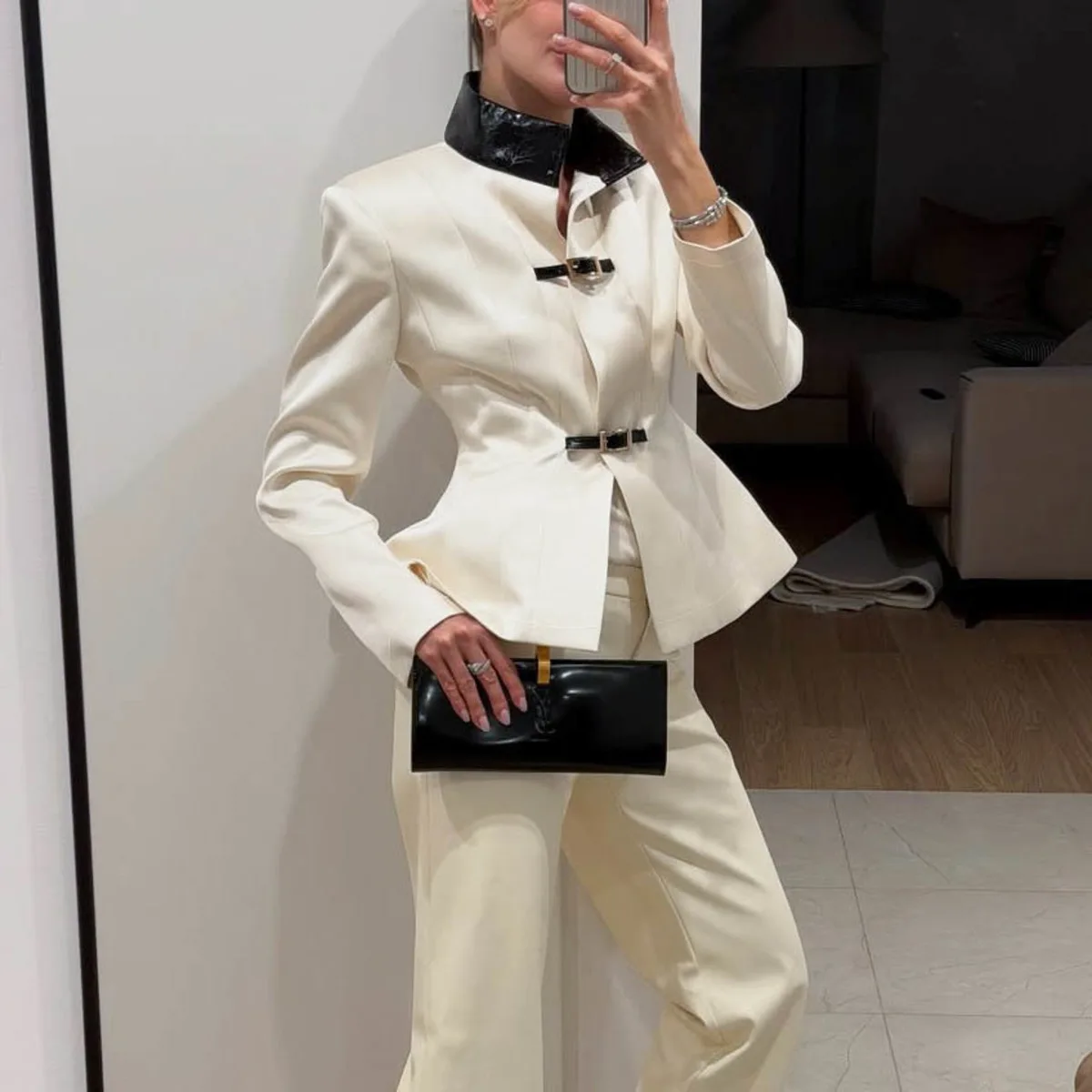 Laur 2026 New Women Contrast Leather Stand Collar Metal Buckle Waist Cinched Tailored Blazer Solid White Slim Elegant Outerwear