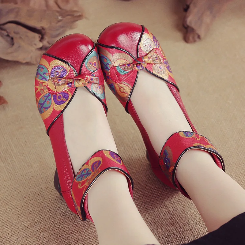 Vintage Red Mary Jane Pumps Shoes Women\'s Spring Summer Chic Dressy Shoes 42 Ladies Med Heels Retro Print Block Heel Woman Pumps