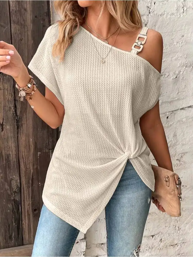 Women Waffle Knit Asymmetric Off Shoulder Top Adjustable Buckle Strap Short Sleeve Twist Front Casual Loose Summer Blouse