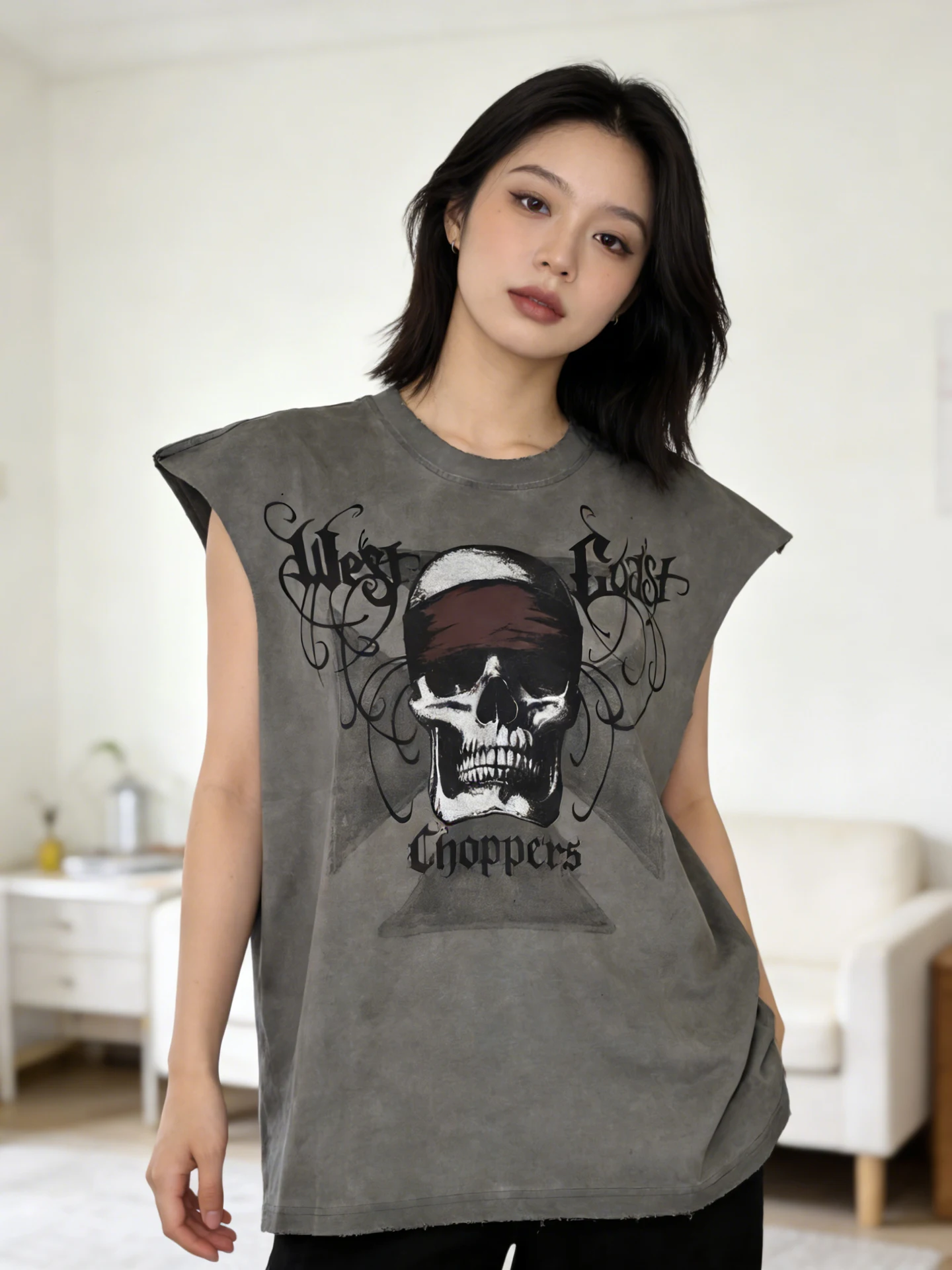 

Waed Vintage Pirate Skull American High Street Loose Men's T-irt Tank Top Cotton Breathable Sweat Absorbent Wear Resistant