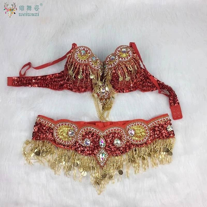 Cintura per reggiseno per costume di danza del ventre orientale 2 pezzi Abbigliamento da ballo ricamato con perline fatte a mano per donne Abiti da ballo egiziani