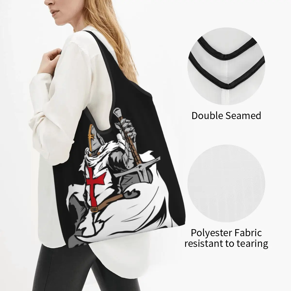 Custom Knight Templar Sword Crusader Shopping Bags Women Portable Large Capacity Groceries Tote Shopper Bags