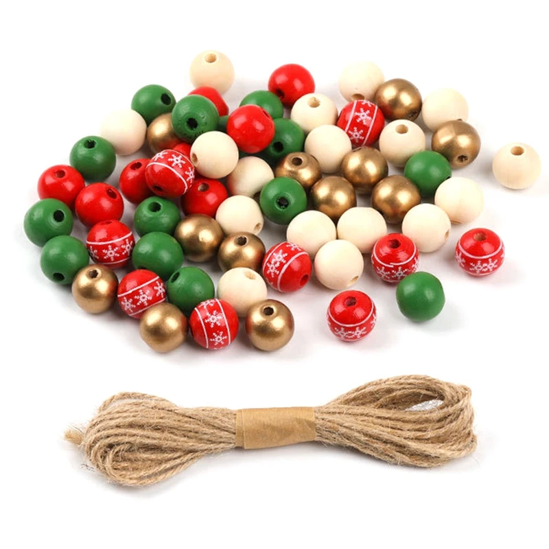 200Pcs 16Mm Christmas Wooden Beads Colorful Wooden Beads Set With 10M Long String For Craft DIY Christmas Decoration