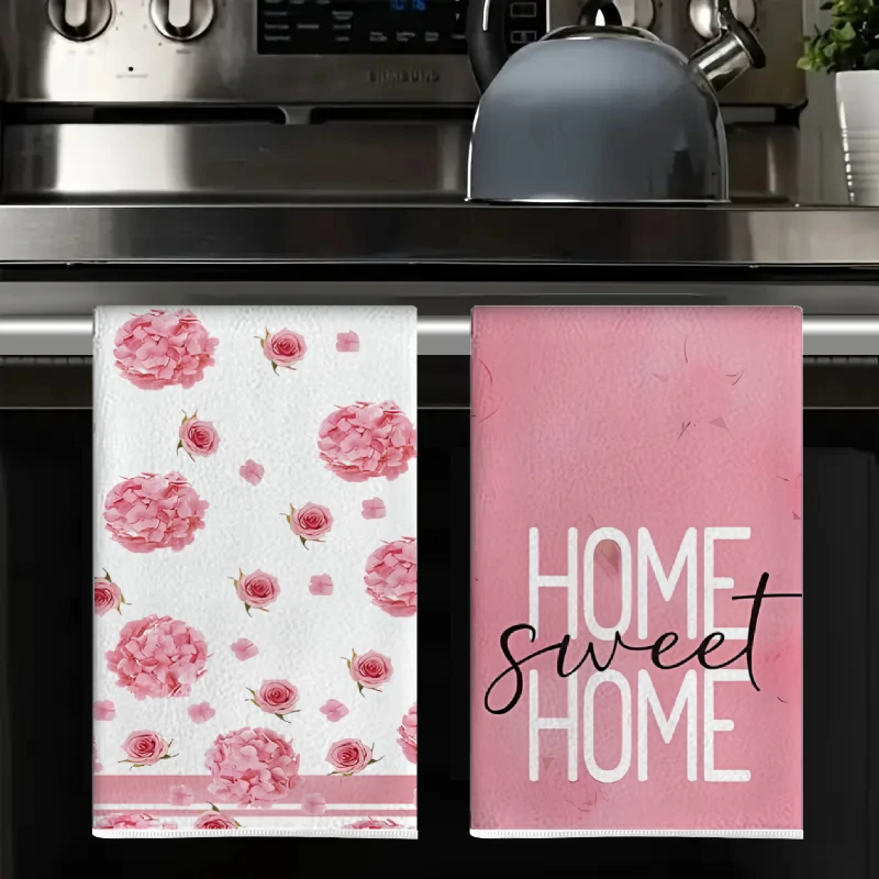 2Pcs, Pink Flower Home Kitchen Towels, 40Cm*60Cm Towel Set, Super Absorbent Soft Cleaning Cloth, Cooking Baking Tea Towel, Hand Towel, Cleaning Cloth, Dishcloth, Kitchen Decoration, Living Room Decoration, Kitchen Essentials, Home Essentials