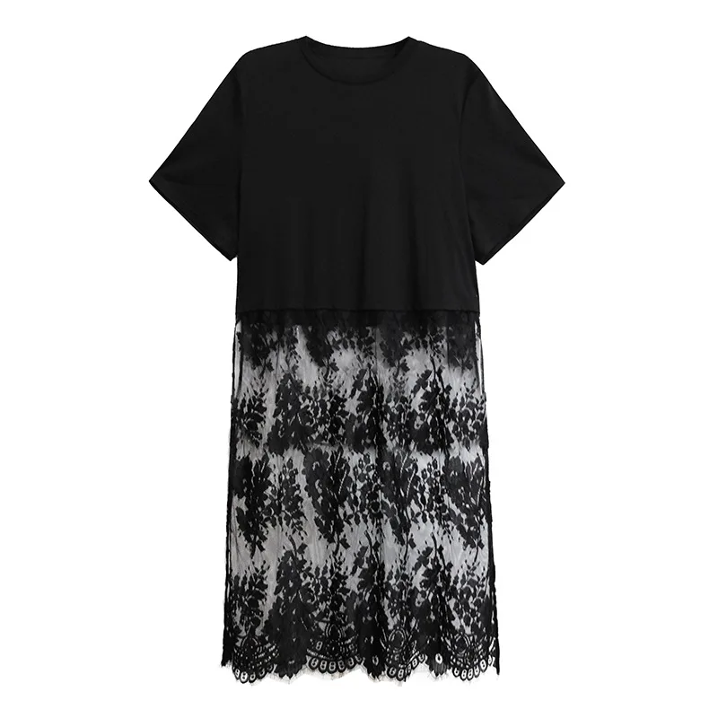 Tannt femmes robe mode dentelle Patchwork irrégulière t-shirt robes asymétrie noir décontracté longue été t-shirt robes pour les femmes