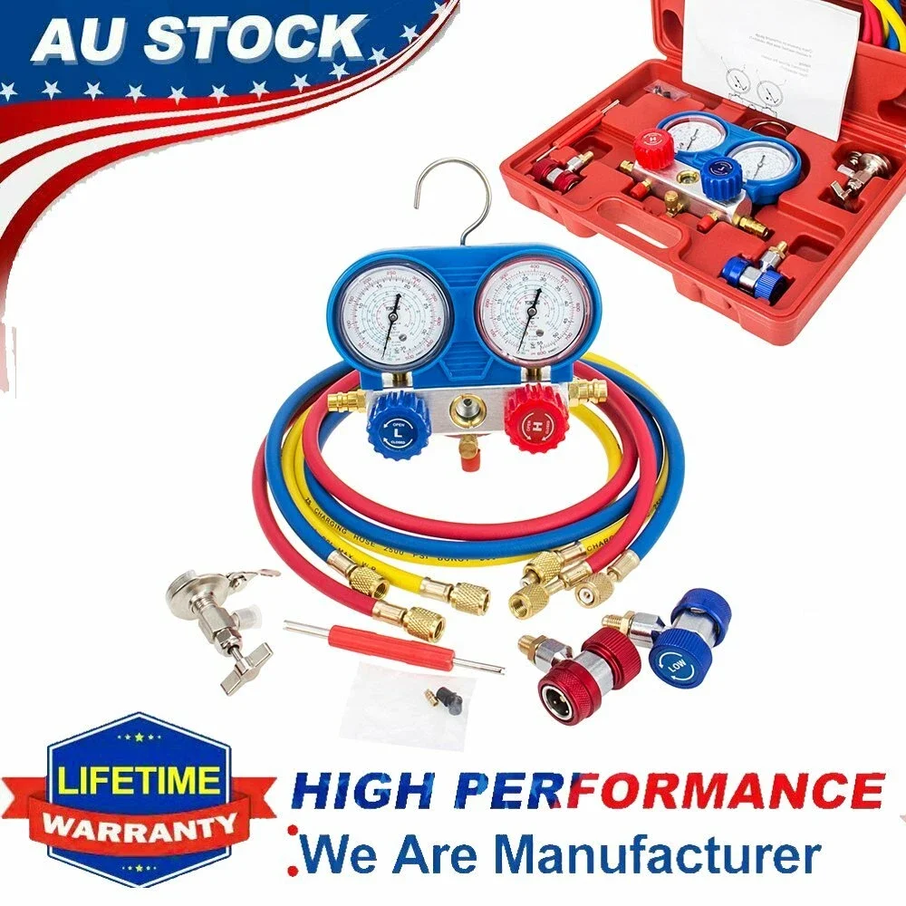 

R134 Refrigerant Guage Manifold Set HVAC Kit With Hoses Vacuum R-134A R22 410a