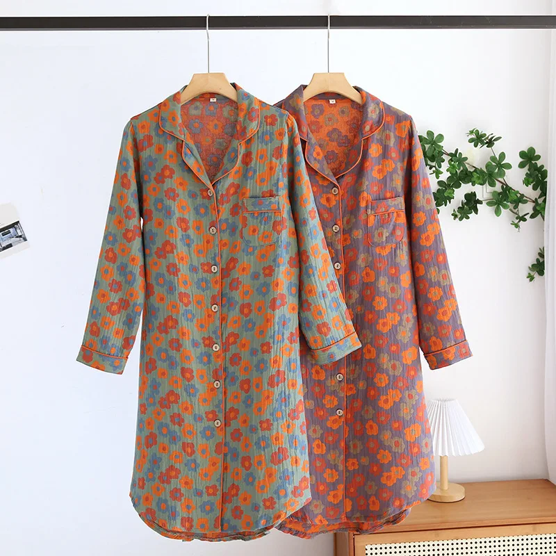 Retro Color Style 100% Cotton Skirt Cardigan Nightdress Ladies Spring Long-sleeved Loose Mid-length Nightdress Plus Size