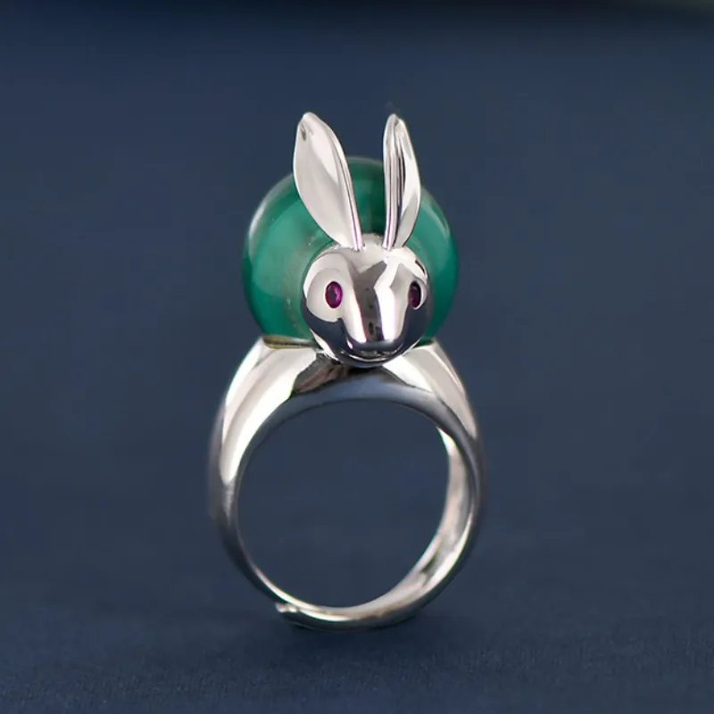 Genuine S925 Sterling Silver  for Women New Fashion Personality Malachite Cute Little Rabbit Ethnic Style Wide Rings Jewelry