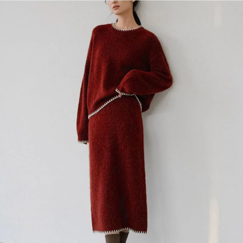 Fashion Casual Suit Autumn Winter New Solid Color Round Neck Contrast Edge Knitted Skirt Suit