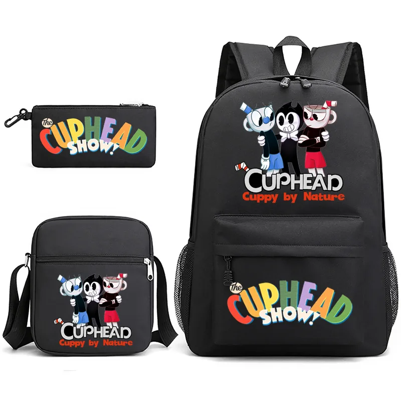 Popular novidade jogo cuphead mostrar impressão 3 pçs/set aluno sacos de escola portátil mochila mochila ombro inclinado caso lápis