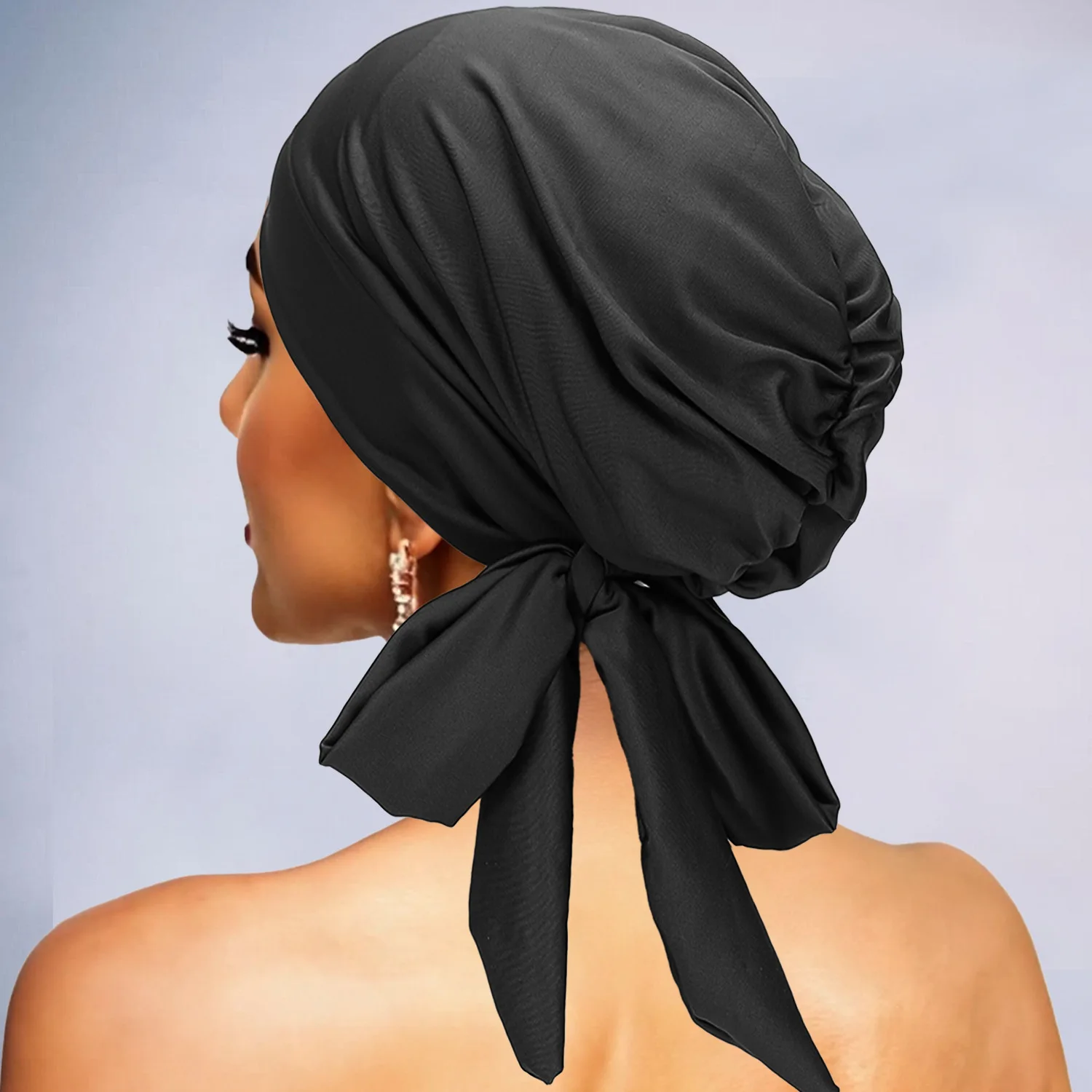 Solid Color Long Tail Bow Headscarf Elastic Chemotherapy Hat Breathable Soft Base Cap Women Home Wrap Head Cover