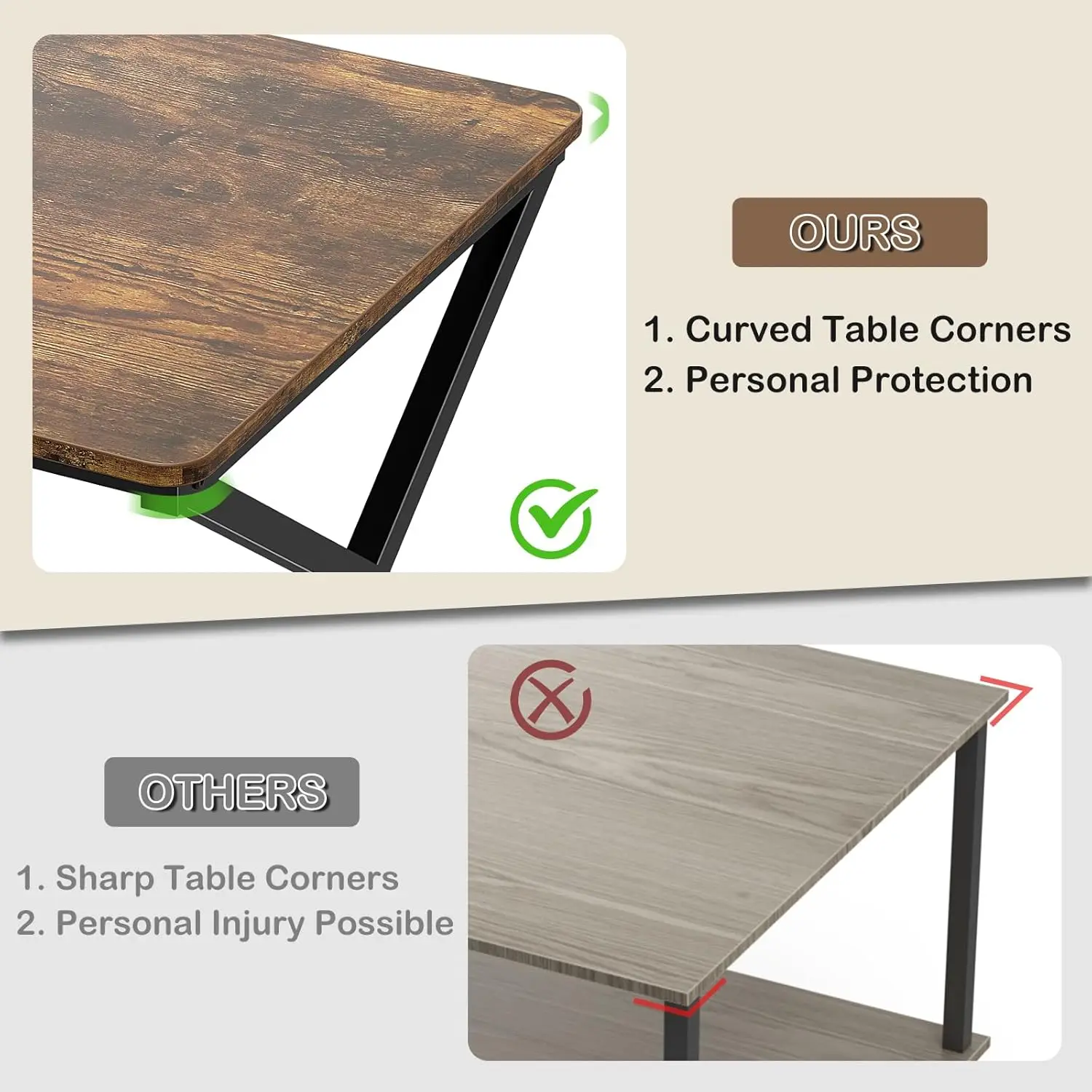 39 Inch Rustic Industrial Coffee Table - 2-Tier Rectangle Farmhouse Minimalist Table with Storage Shelf & Round Corners