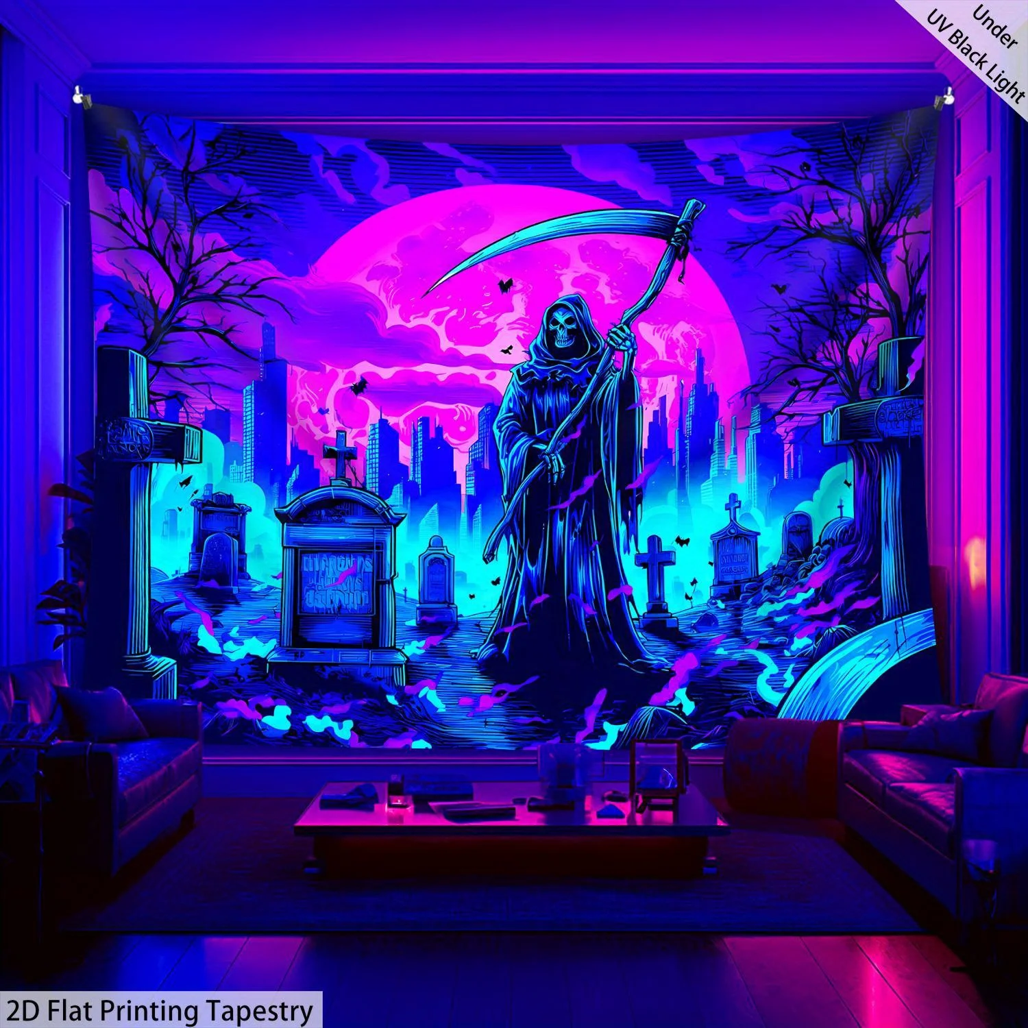 Wandteppich mit Sensenmann-Motiv von VIKAMA mit Farbverlauf, Friedhof, Neon-Sense, Sensenmann, dunkle Party-Escape-Room-Halloween-Dekoration
