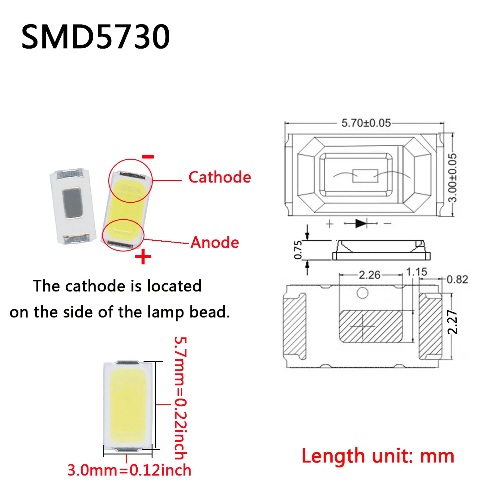 100pcs 0.5W LED COB SMD5730 Lamp Beads Chip Two Brackets DC3V Light White Warm Surface Mount Copper PCB Emitting Diodes Lamp DIY