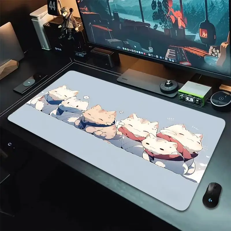 VIKAMA Soft Pastel Blue Queue Cats XXL Desk Mat Anti Slip Waterproof Scarf Kitten Cartoon Keyboard Mouse Pad Bedroom Decor