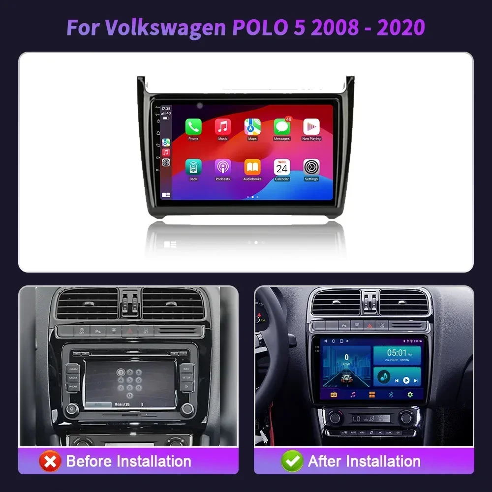 Android 14 GPS WiFi For Volkswagen Polo 5 Sedan 2008-2020 Car Radio Multimedia Bluetooth CarPlay Navigation Touch Screen Stereo