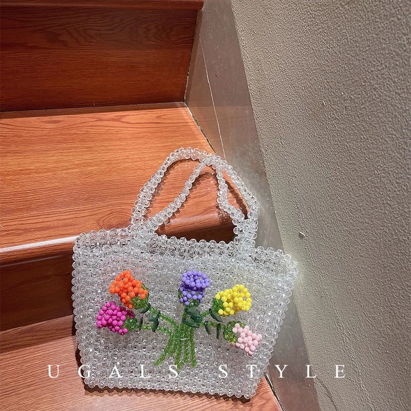 2023 New Customized Hand Woven Beaded Bag Women\'s Fashion Flower Design Crystal Handbag Exquisite Fairy Banquet Party Sac A Main