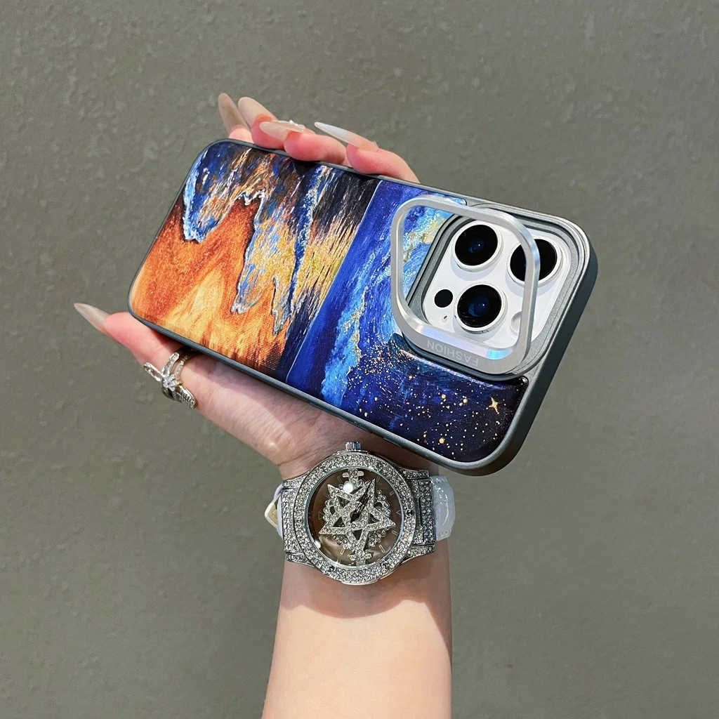 النفط اللوحة مذهب المشهد فناء الشاطئ مع حامل المغناطيسي غطاء الهاتف القضية آيفون 17 16 15 14 13 برو ماكس 17 الهواء #4