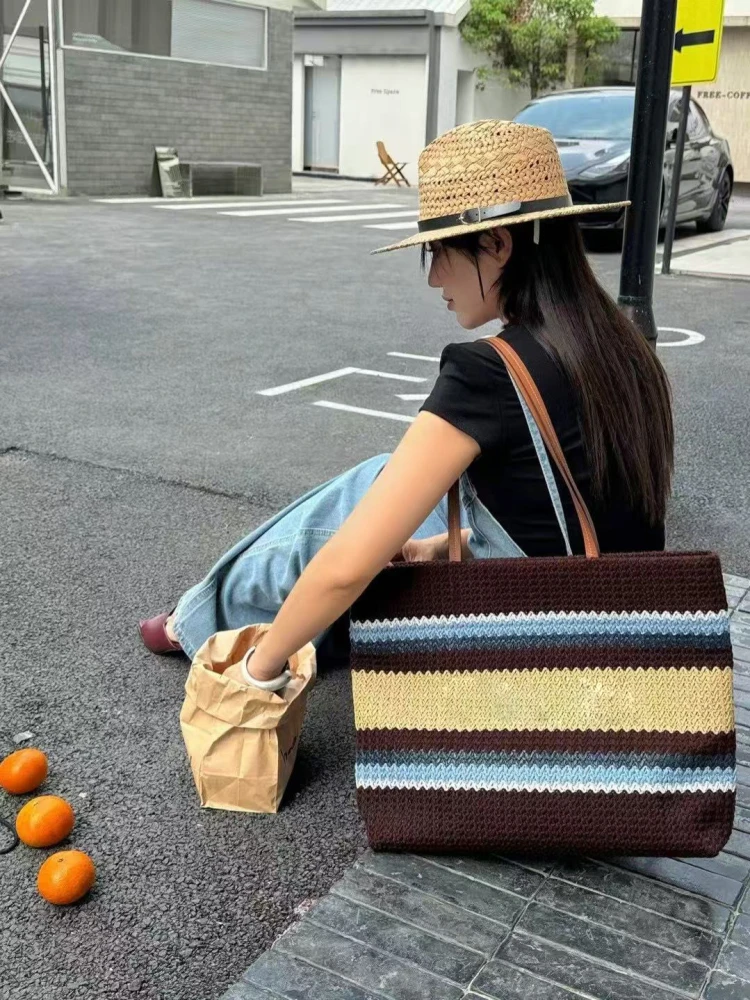 

Handwoven Stripe Tote Bag Top Layer Cowhide Leather Underarm Bag Faionable Single oulder Large Bag Commuter Bag Women