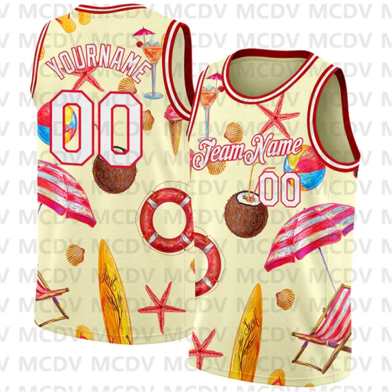 Custom Aqua White-Red 3D Pattern Tropical Hawaii Beach Authentic Basketball Jersey