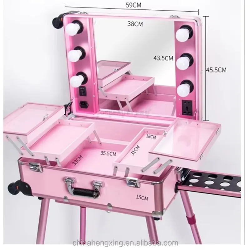 24 inch Multi-functional Professional Makeup Studio Suitcase Beauty Salon Led Lights Mirror Cosmetic Cases with Retractable Legs
