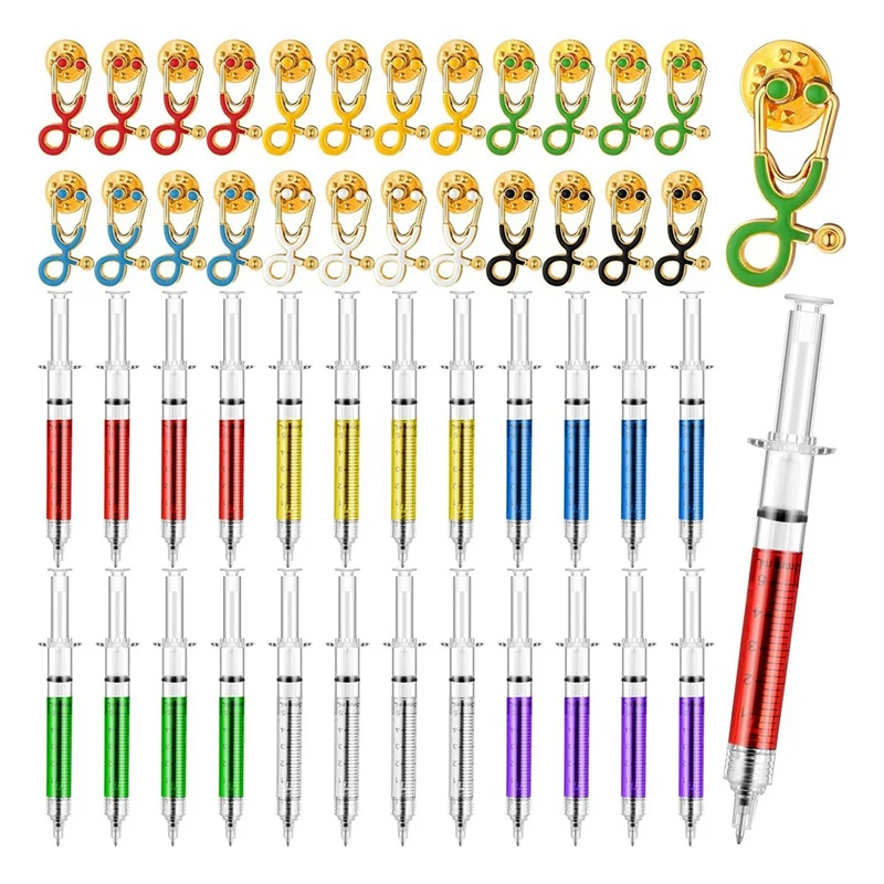 Nurses Day Gift Bulk Nurse Appreciation Gift, Syringe Pen Multi-Color Novelty Pen And Stethoscope Brooch Mini Pin Badge