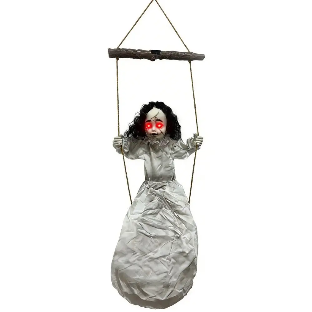 Glowing Eyes Walking Girl White Clothes Swing Hanging Ghost Voice-Activated Haunted House Prop White Sound Activated Scary