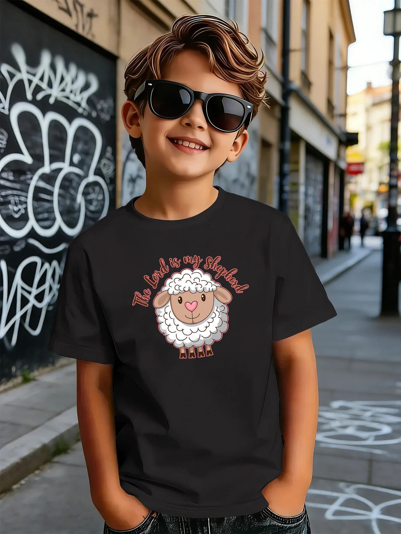 The Lord Is My Shepherd Cute Sheep Kids T Shirt Boys Girls Short Sleeve Crew Neck Cotton Parent Matching Tops Toddler Youth
