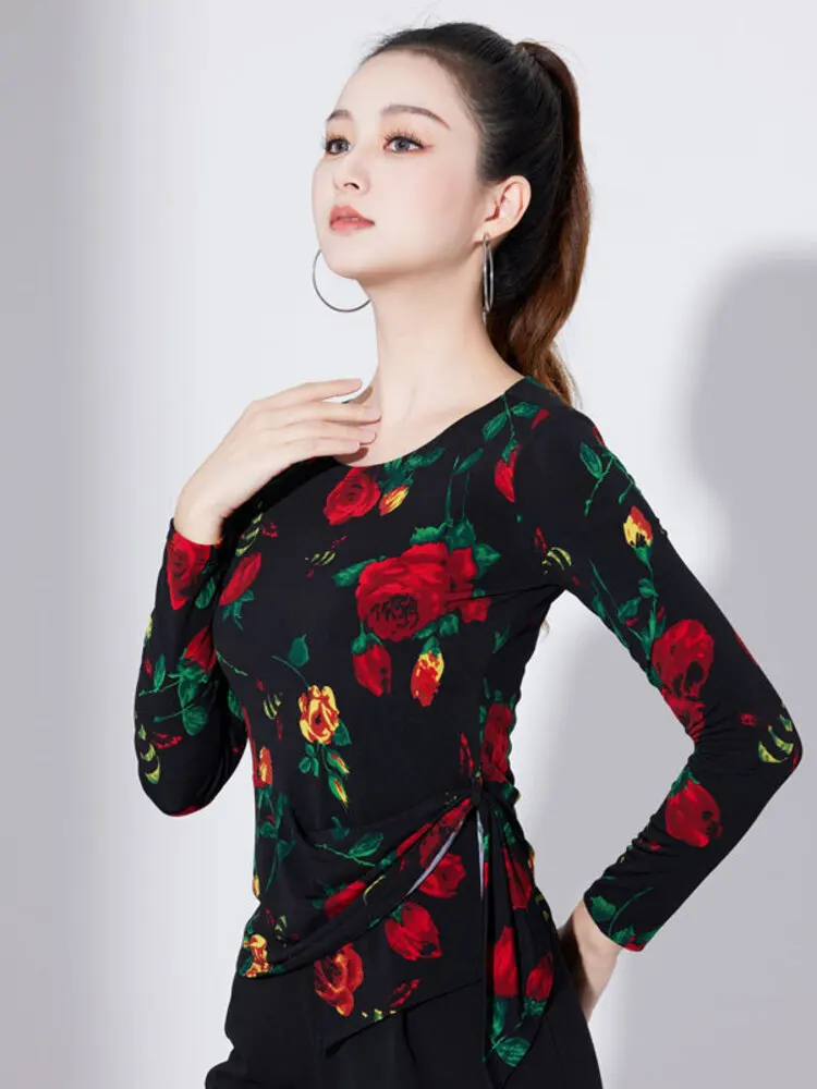 Slim Fit Latin Dance Evening Women Tops Jazz Round Neck 2024 Summer Woman Flowers Competition Line Costume Modern Female T-shirt