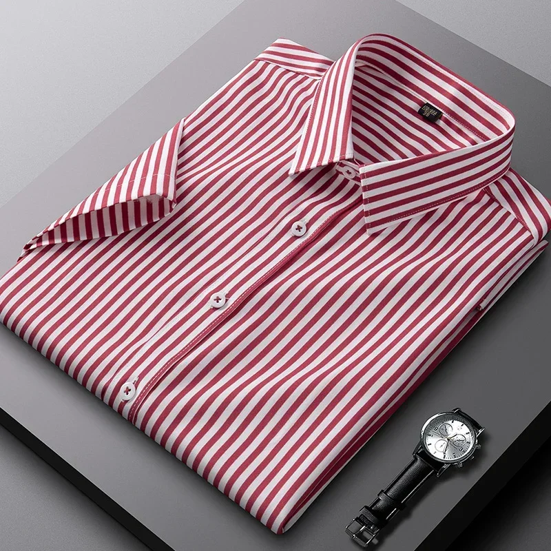 Brand Summer Elasticity Slim-fit Shirts Men Easy-care Casual Striped Shirts Man Business Short Sleeves Men