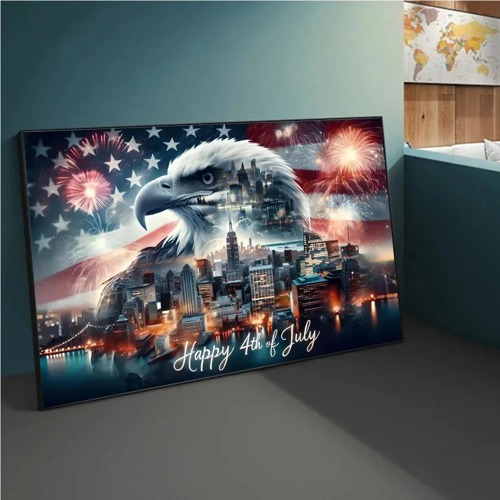 America Bald Eagle Happy 4th of July City Firework Diy Diamond Painting Full Rhinestones Wall Art Mosaic Picture Home Decor Gift