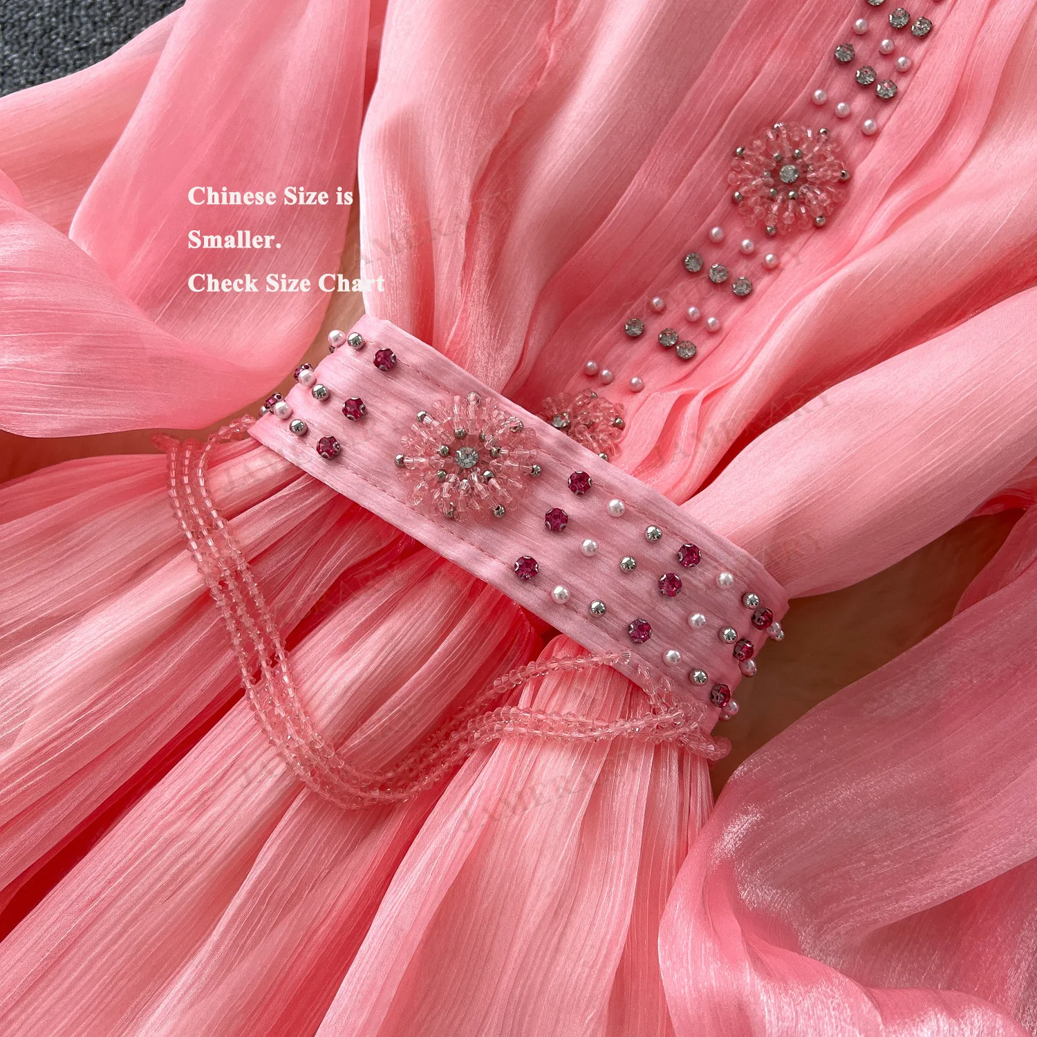 Elegante verano otoño satén manga larga Maxi Vestido de pastel mujeres volantes vestidos de noche de cristal Hada dulce Vestido con cuentas de cristal