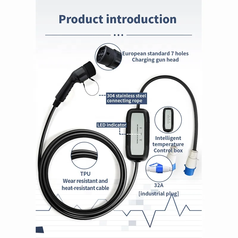 Portable 220V 32A charging gun ev ac charger ev charger type 2 to type 2 Indicator charging gun