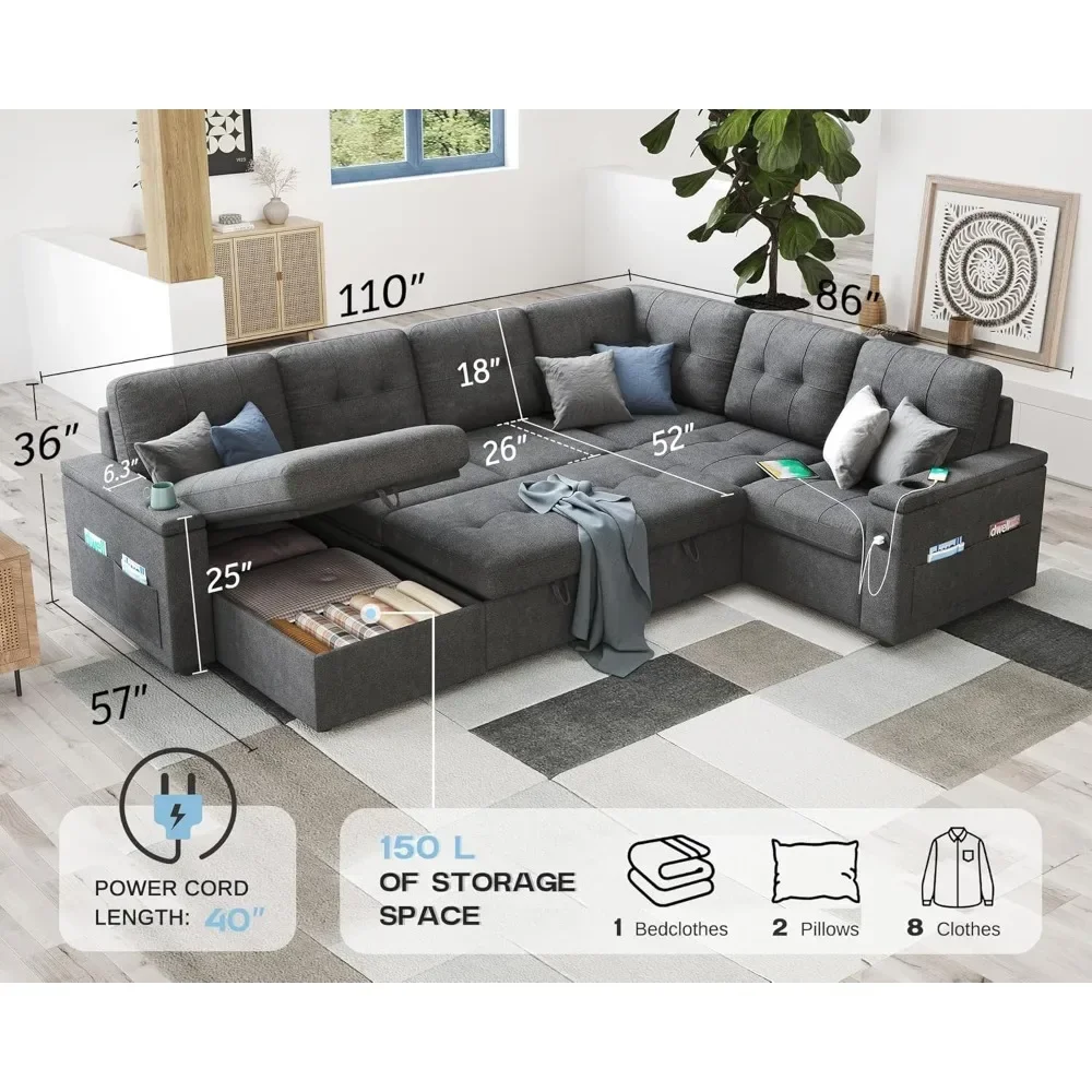 Sofa Bed, 110 Inch Sectional Sleeper Sofa Bed with 2 USB Charging Ports & Cup Holders, Oversized U Shaped Pull Out Couch