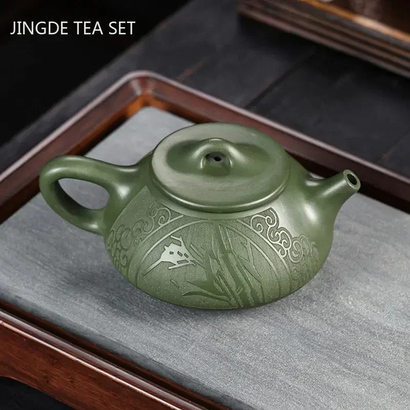 

220ml Yixing Purple Clay Teapot Raw Ore Green Mud Hand-carved Stone Scoop Kettle Home Beauty Tea Infuser Chinese Zisha Tea Set