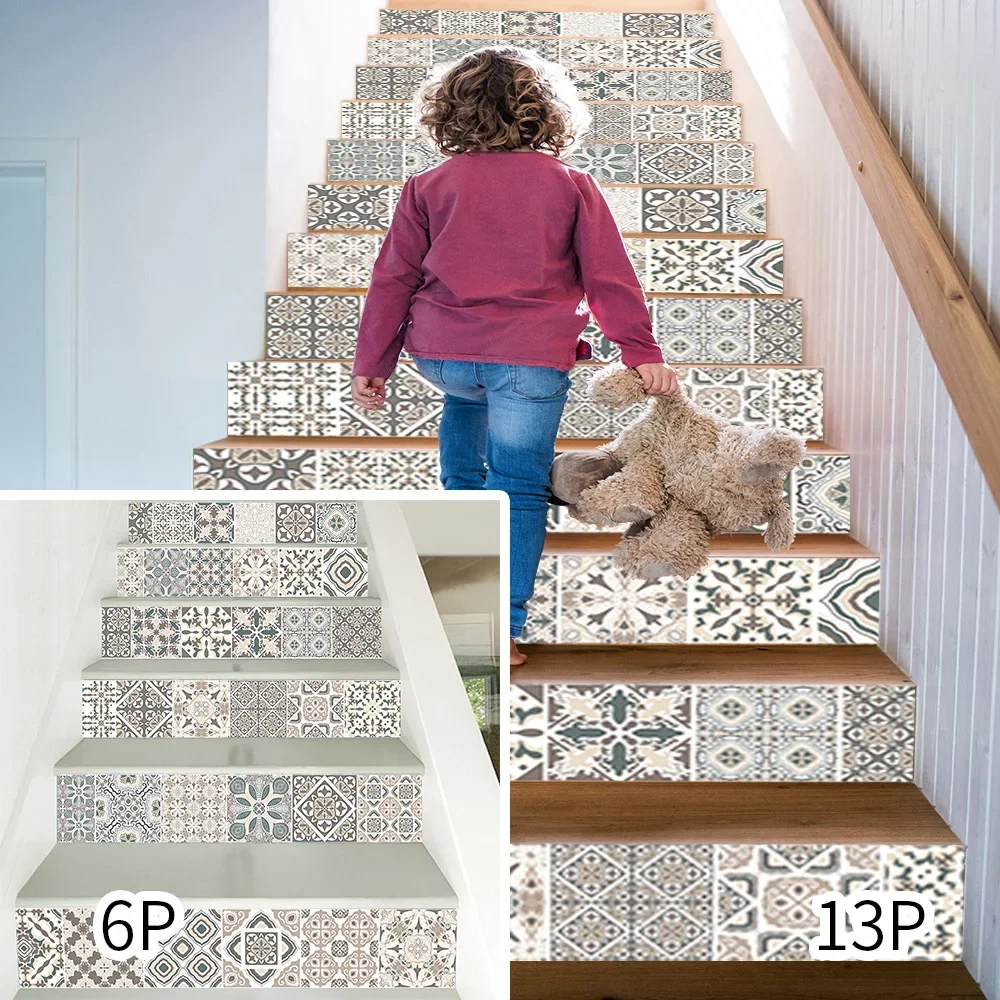 Geometric Tile Stair Stickers Self Adhesive Stairway Cover Mural Art Home Decor Staircase Steps Floor Sticker Decals Removable