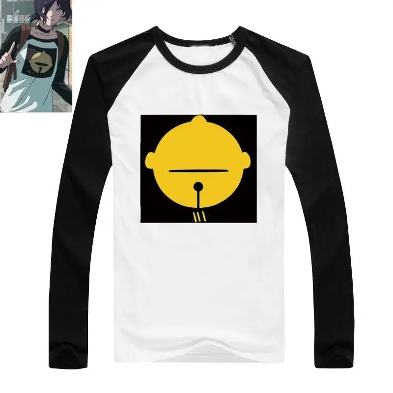 Yellow Bell Print T-shirt, Black White Color Block Asymmetric Short Sleeve Tee, Anime Cosplay Pain Shirt Unisex Casual Top