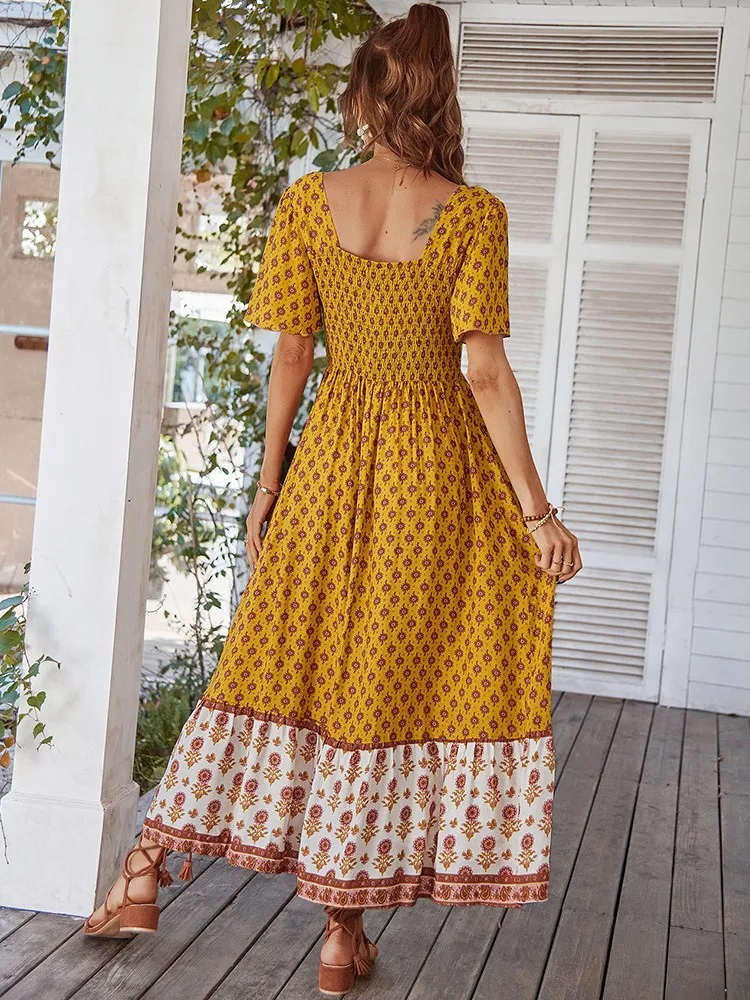 فستان نسائي بأكمام قصيرة مطبوع على الموضة فستان صيفي برقبة مربعة فساتين متوسطة الطول Y2k للسيدات أنيقة بألوان متطابقة